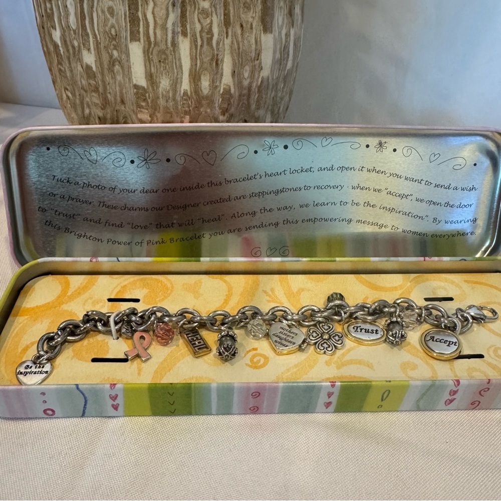 Brighton Charm Bracelet with Heart and Inspirational Charms for Breast Cancer